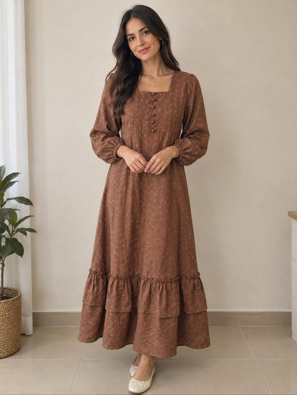 Sowears Josie Embroidered Square-Neck Brown Tiered Maxi Dress with Button Bodice
